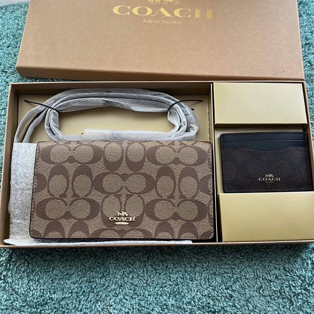 🟢coach Boxed Anna Foldover Clutch Crossbody And Card Case gift Set